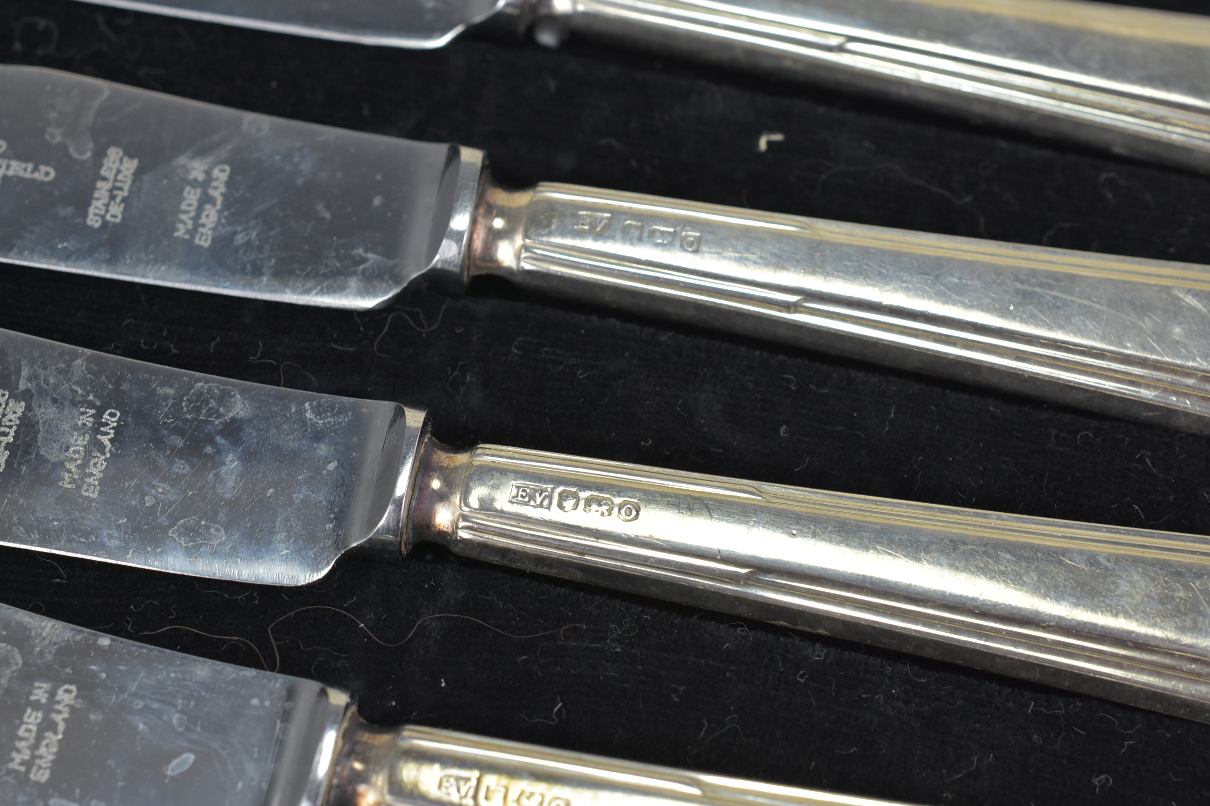 Cased Set of Six Viners Art Deco English Hallmarked Silver Handled Butter Knives with Steel Blades, - Image 3 of 3