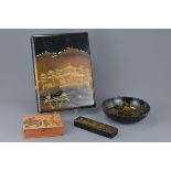 Collection of Four Japanese Lacquered Items including Empty Photograph Album, 36cms x 27cms, Two Box