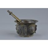 Bronze Pestle and Mortar with Lion Mask Decoration, 11cms diameter