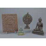 Four South East Asian Items including Bronze Seated Buddha 20cms high, Bronze Altar Plaque, 20cms hi