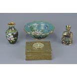 Collection of Four Items to include a Chinese Brass Box with Carved Stone Panel, Cloisonné Bowl, 15c