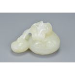 Chinese Hetian White Jade Carving of Two Water Chestnuts and a Frog, 6cms x 8cms