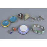 A group of seven items including a cloisonné box and cover, painted enamel bracelet with small dish