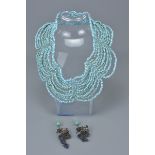 Eleven Strand Turquoise Coloured Bead Necklace together with Pair of Enamelled Metal Drop Earrings i