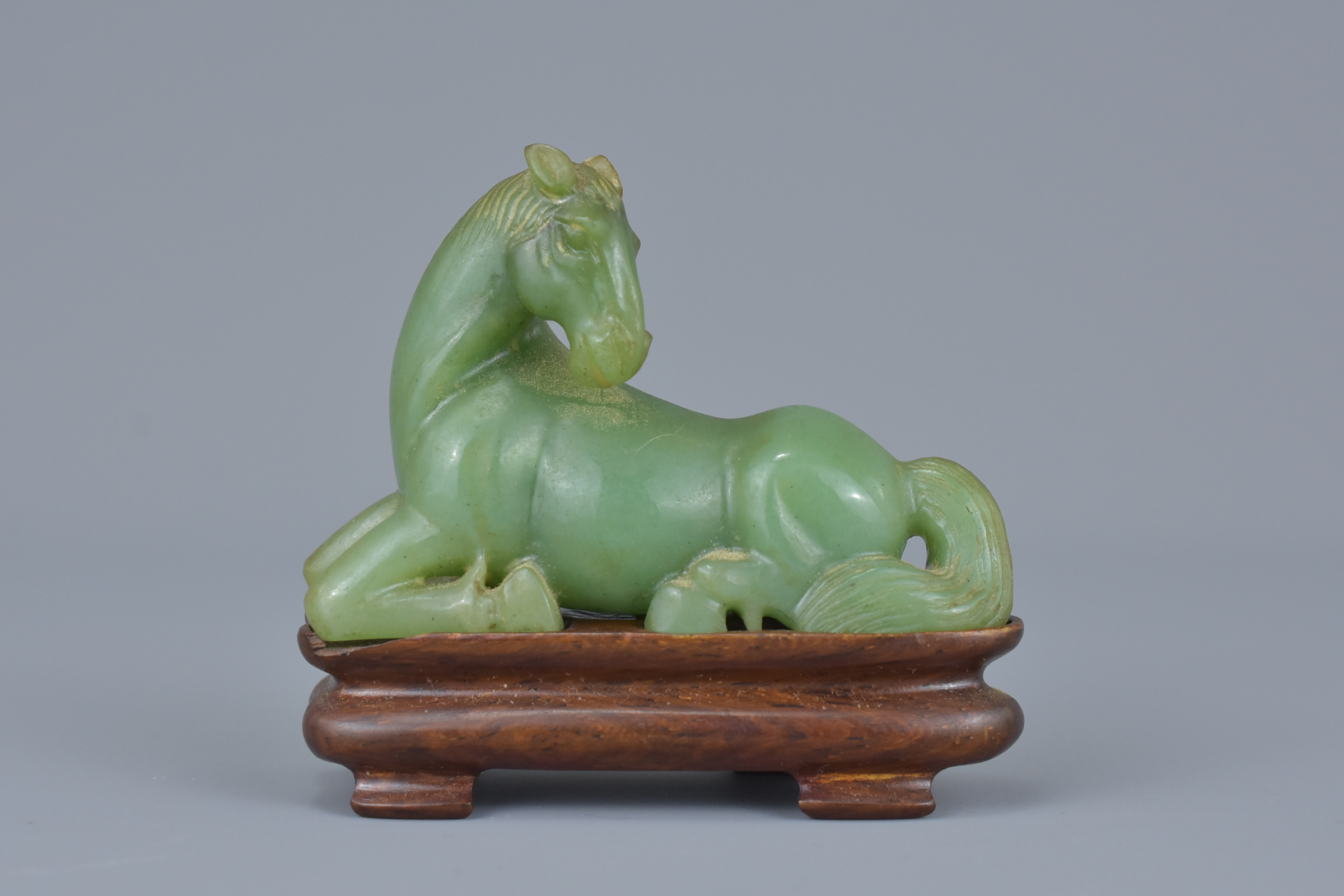 Chinese Jade Egg on Wooden Stand, 8cms high, Carved Jade Horse on Wooden Stand, 6cms high and a Silv - Image 2 of 9