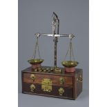 Chinese Late 19th century Rosewood and Brass Apothecary Scales Cabinet set with Eight Brass Weights