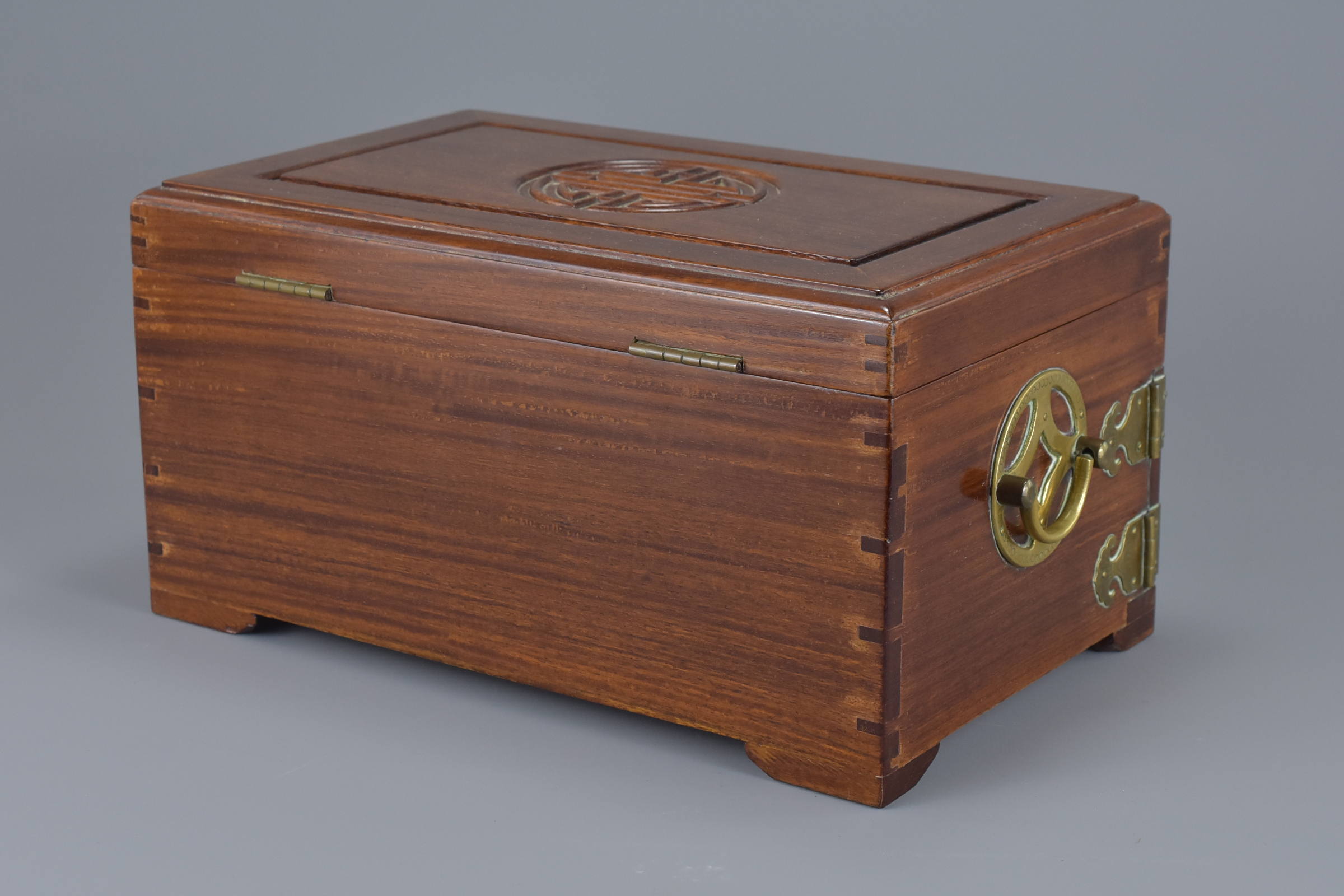 Chinese Early Rosewood Jewellery Box with Moulded Motif to Lid and Brass Mounts, 16cms high x 29cms - Image 2 of 5