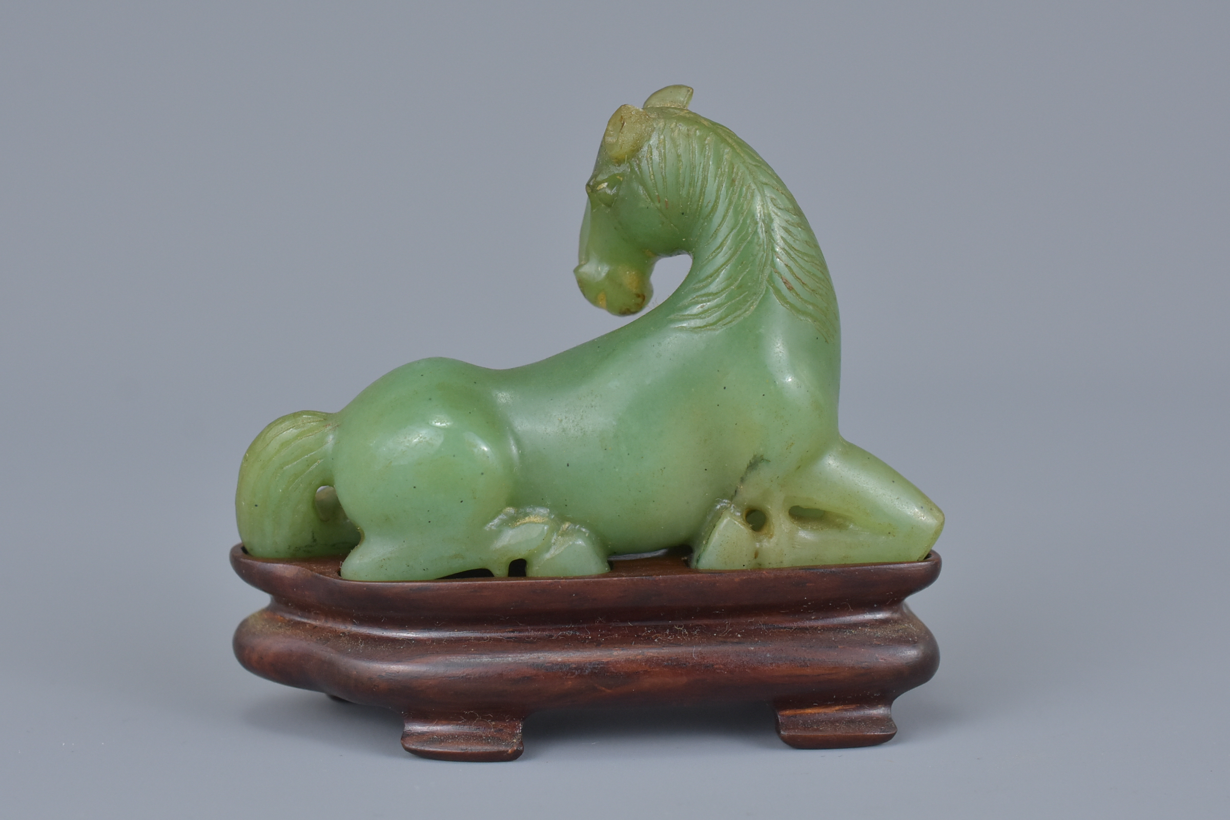 Chinese Jade Egg on Wooden Stand, 8cms high, Carved Jade Horse on Wooden Stand, 6cms high and a Silv - Image 3 of 9