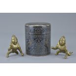 Thai White Metal Inlaid Cigarette Box and Cover, 8cms high together with Two Brass Thai Figures, 5cm