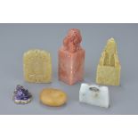 Collection of Six Items including Two Soapstone Seals, Jade Pendant, Jade Lock, Soapstone God and an