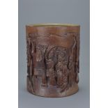 Chinese Bamboo Brush Pot carved with Figures signed and dated Guangxu 1899, 16cms high