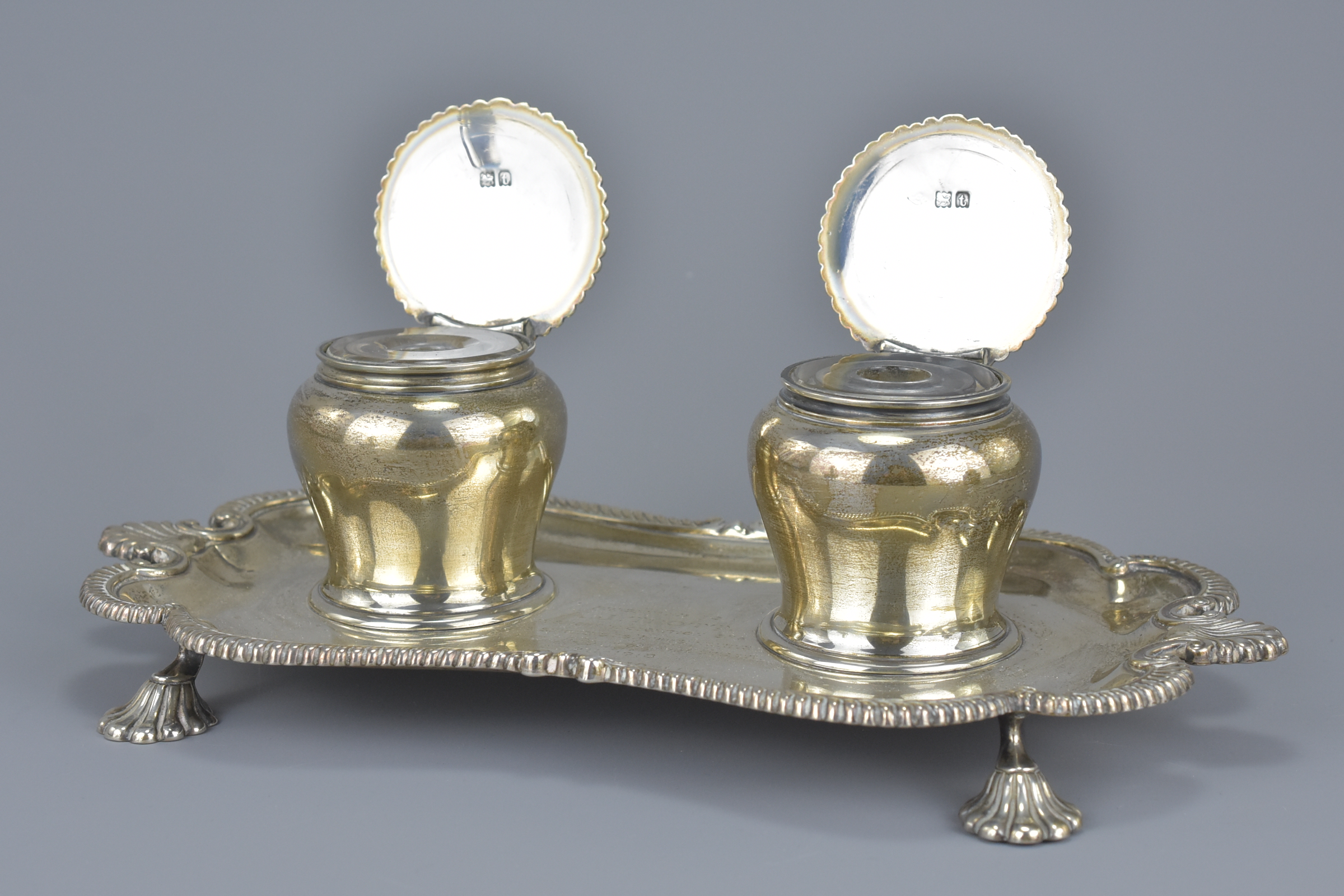 English Silver Inkstand with Two Inkwells both with Glass Liners, full English hallmarks, presentati - Image 2 of 6