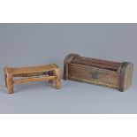 Chinese Wooden Travelling Pillow in the form of a Box, 31cms long together with a Small Wooden Trave