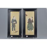 Pair of Vintage Japanese Paintings on Silk depicting a Farmer and an Entertainer, with shop mark to