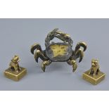 Pair of Chinese Miniature Seals in the form of Dogs, 2.5cms high together with a Chinese Bronze Crab