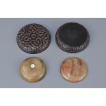 Two Chinese Seal Boxes and Covers, one Agate example, 5.5cms diameter and one Lacquered example, 8cm