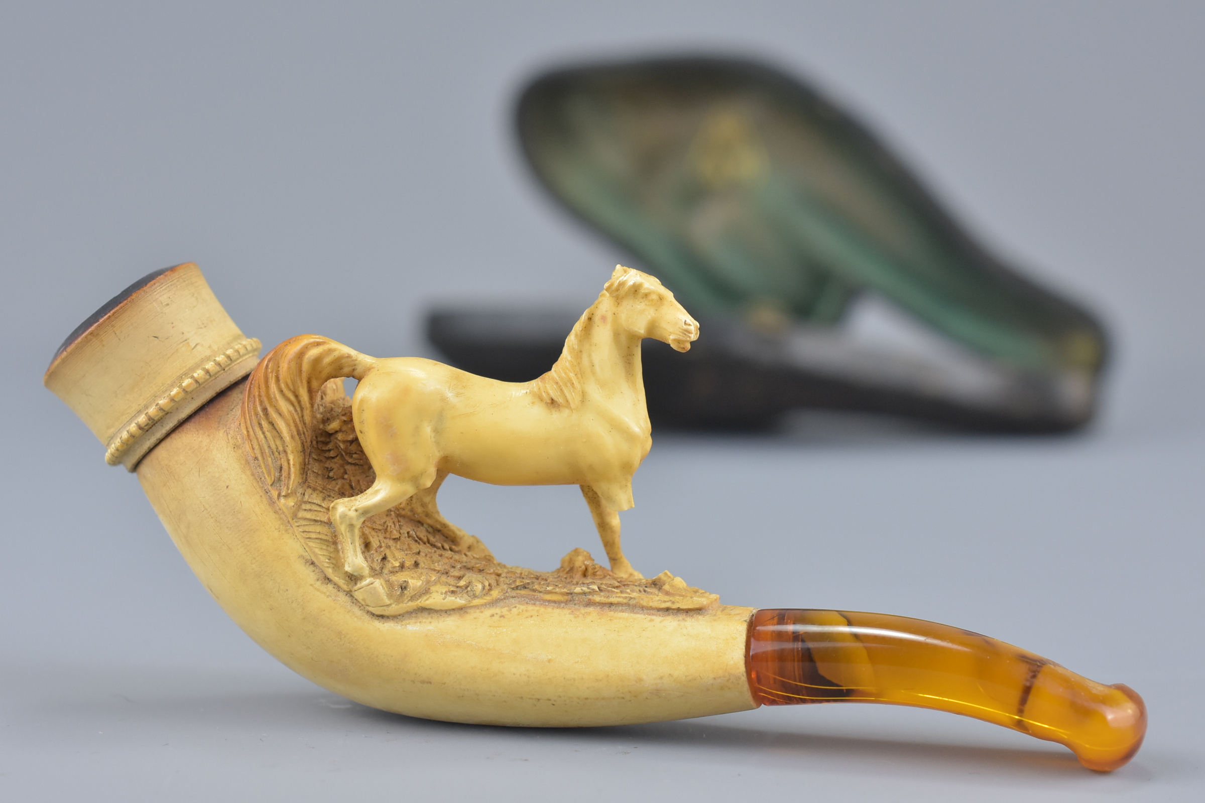 Cased 19th century Meerschaum Pipe in the form of a Horse with Amber Mouth Piece, 11cms - Image 2 of 3