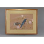A framed and glazed Chinese early 20th century watercolour and gouache painting of birds. Signed bot