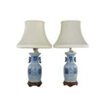 Pair of Chinese 19th century Porcelain Blue and White Wedding Vases fitted on Wooden Stand converted