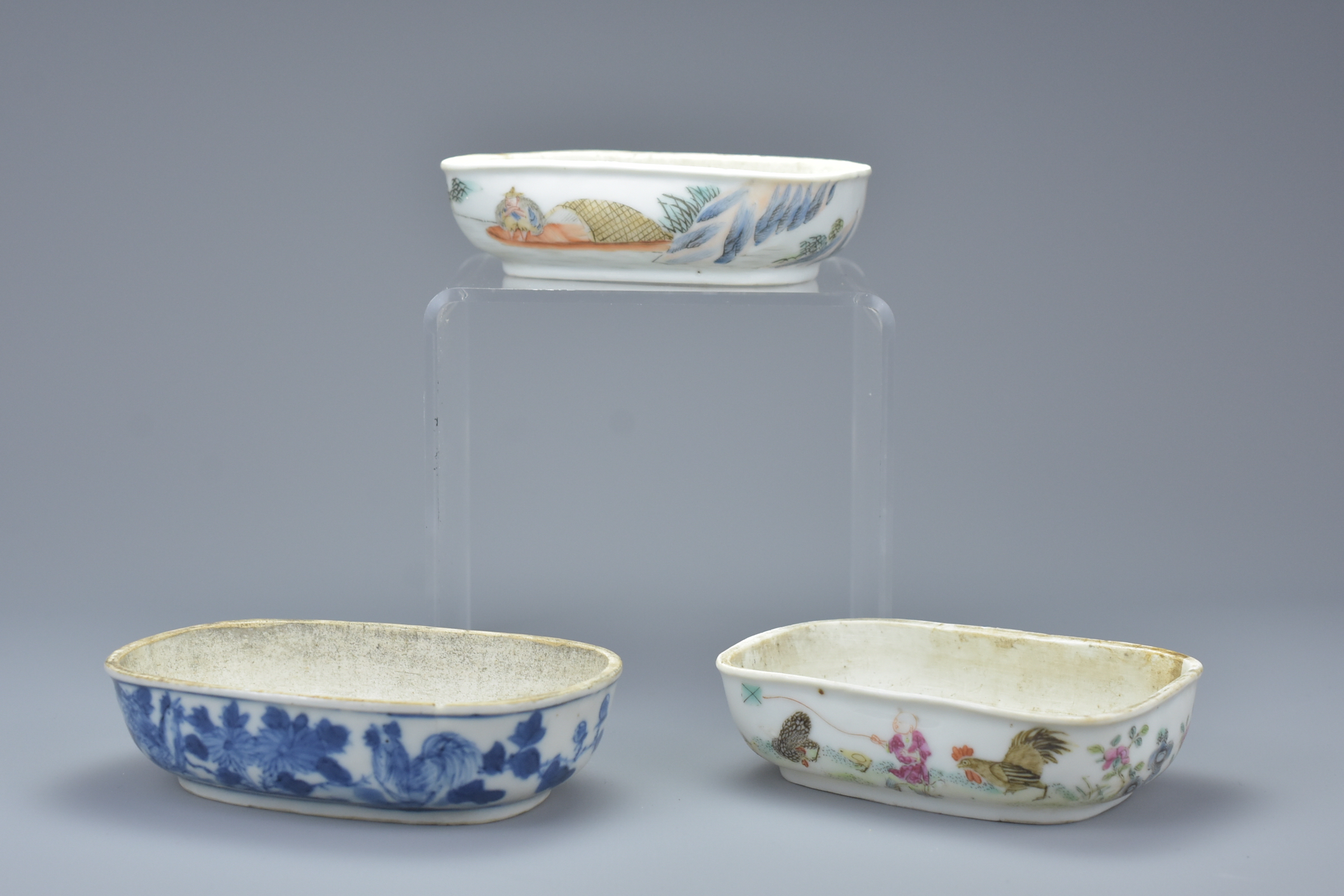 Three Chinese 19th century Porcelain Bird Baths, two Famille Rose examples and one blue and white, 1