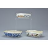 Three Chinese 19th century Porcelain Bird Baths, two Famille Rose examples and one blue and white, 1