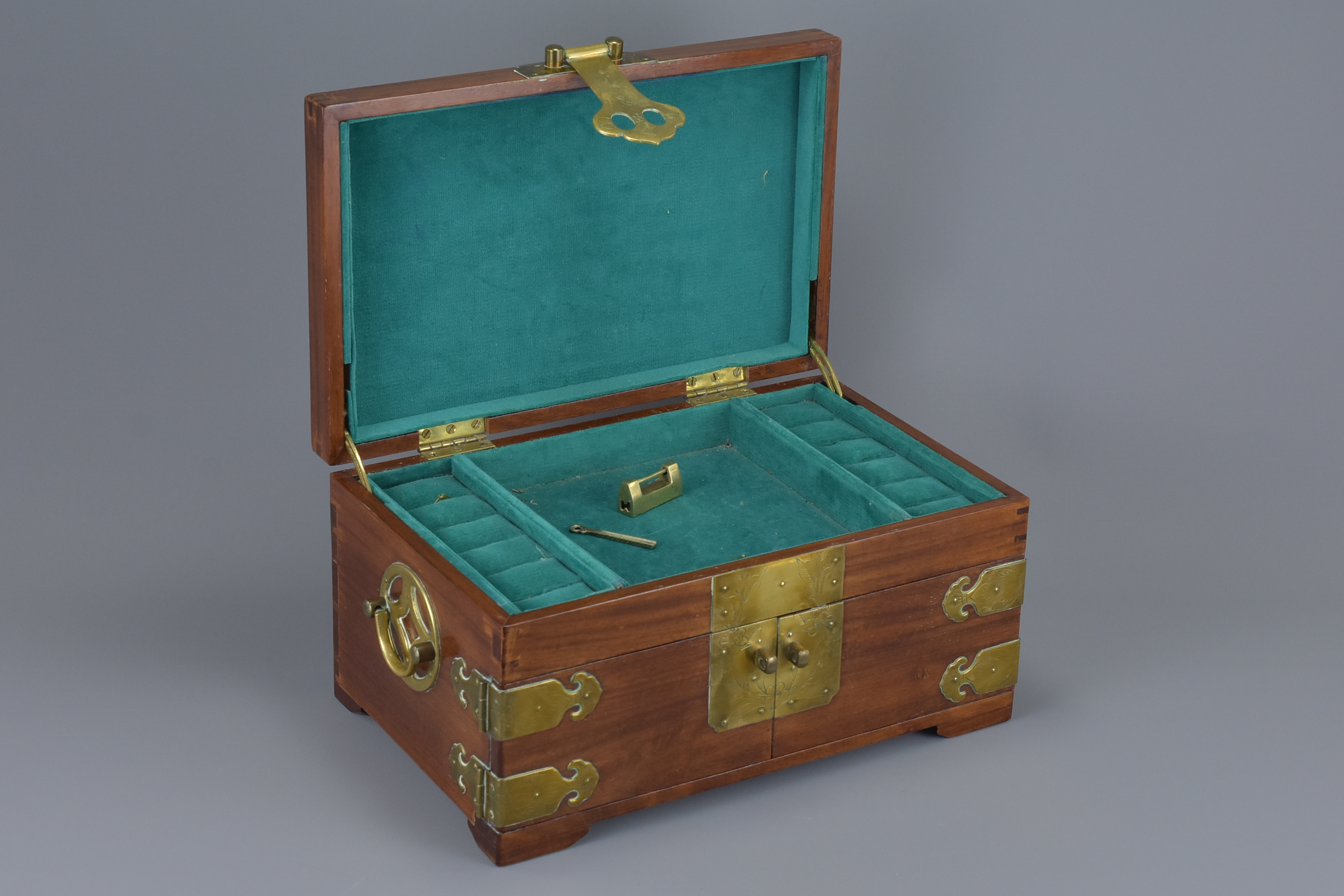 Chinese Early Rosewood Jewellery Box with Moulded Motif to Lid and Brass Mounts, 16cms high x 29cms - Image 5 of 5