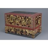 19th century Chinese Red Lacquered Wooden Box and Cover with Gilded Decoration, profusely carved wit