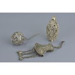 Three white metal items including scent box amulet box and incense ball. 5cm - 10cm (3)