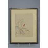 Three 19th century Japanese framed watercolours on paper paintings of Roosters, Chickens and bird
