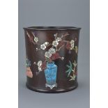 Chinese Hardwood Brush Pot with inserts and mother of pearl decoration, 15cms high