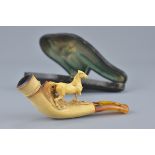 Cased 19th century Meerschaum Pipe in the form of a Horse with Amber Mouth Piece, 11cms