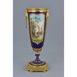 19th century Continental Sevres Style Porcelain & Gilt Metal Cobalt Blue Ground Vase with Two Hand P