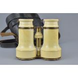 Pair of English ivory binoculars in original leather case.