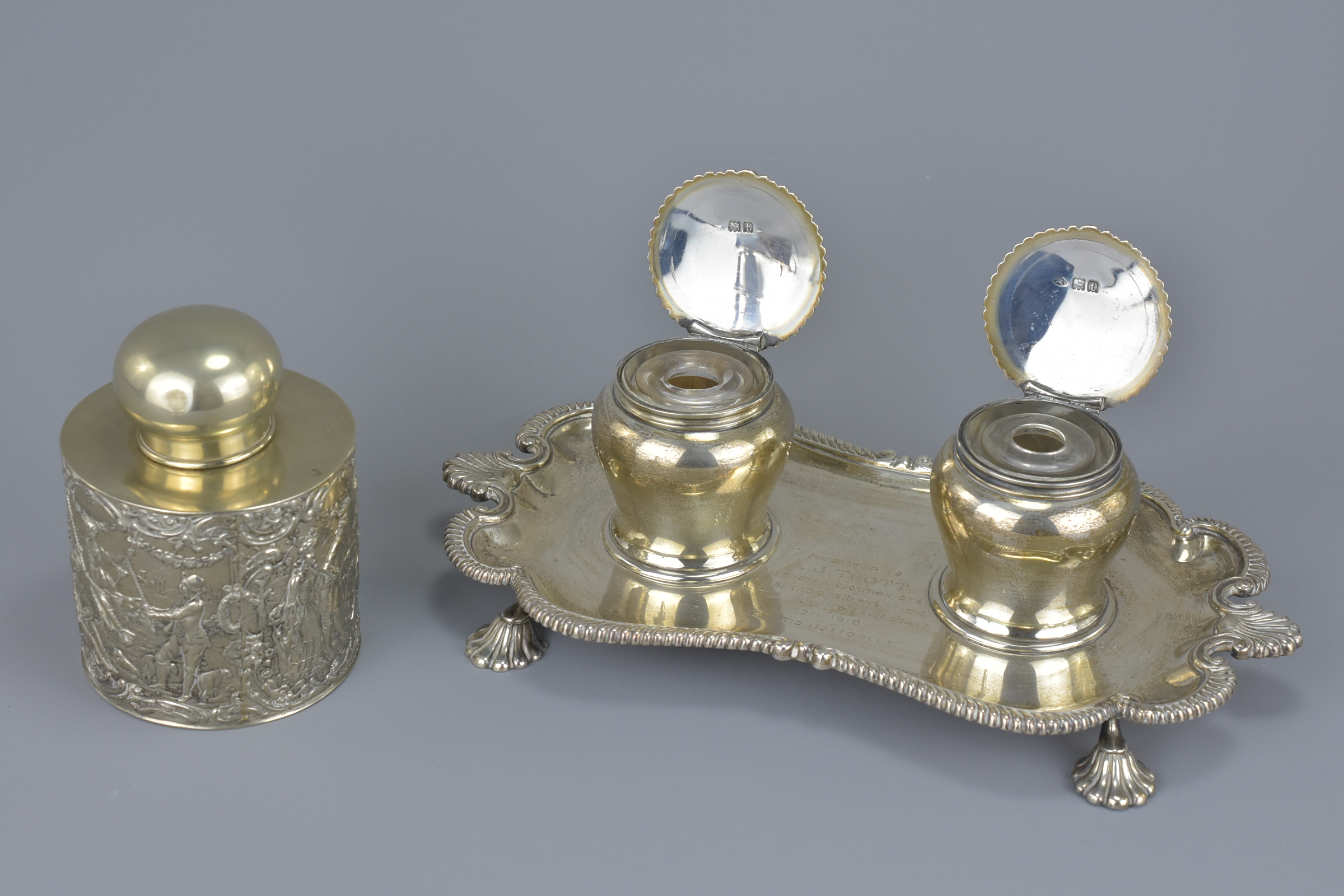 English Silver Inkstand with Two Inkwells both with Glass Liners, full English hallmarks, presentati