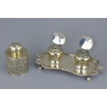 English Silver Inkstand with Two Inkwells both with Glass Liners, full English hallmarks, presentati