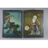 Two Chinese 20th century framed reverse glass paintings of Shou lao with peach and eagle. 44cm x 50c