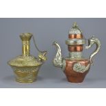Tibetan Copper and White Metal Ewer 27cms high and a Brass Kendi 21cms high (2)