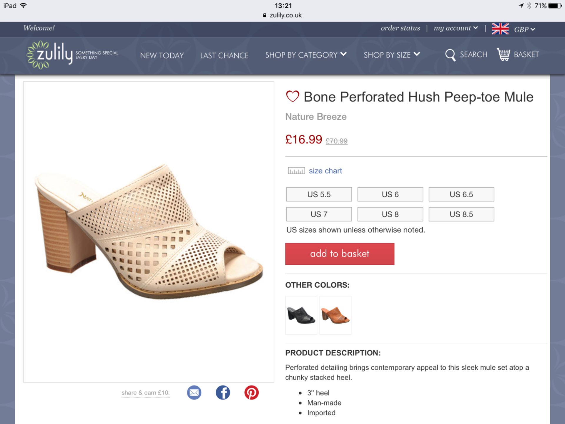 Nature Breeze Bone Perforated Hush Pope-Toe Mule, Size Us 9/Eur 39 (New With Box) [Ref: 44937258- - Image 2 of 3