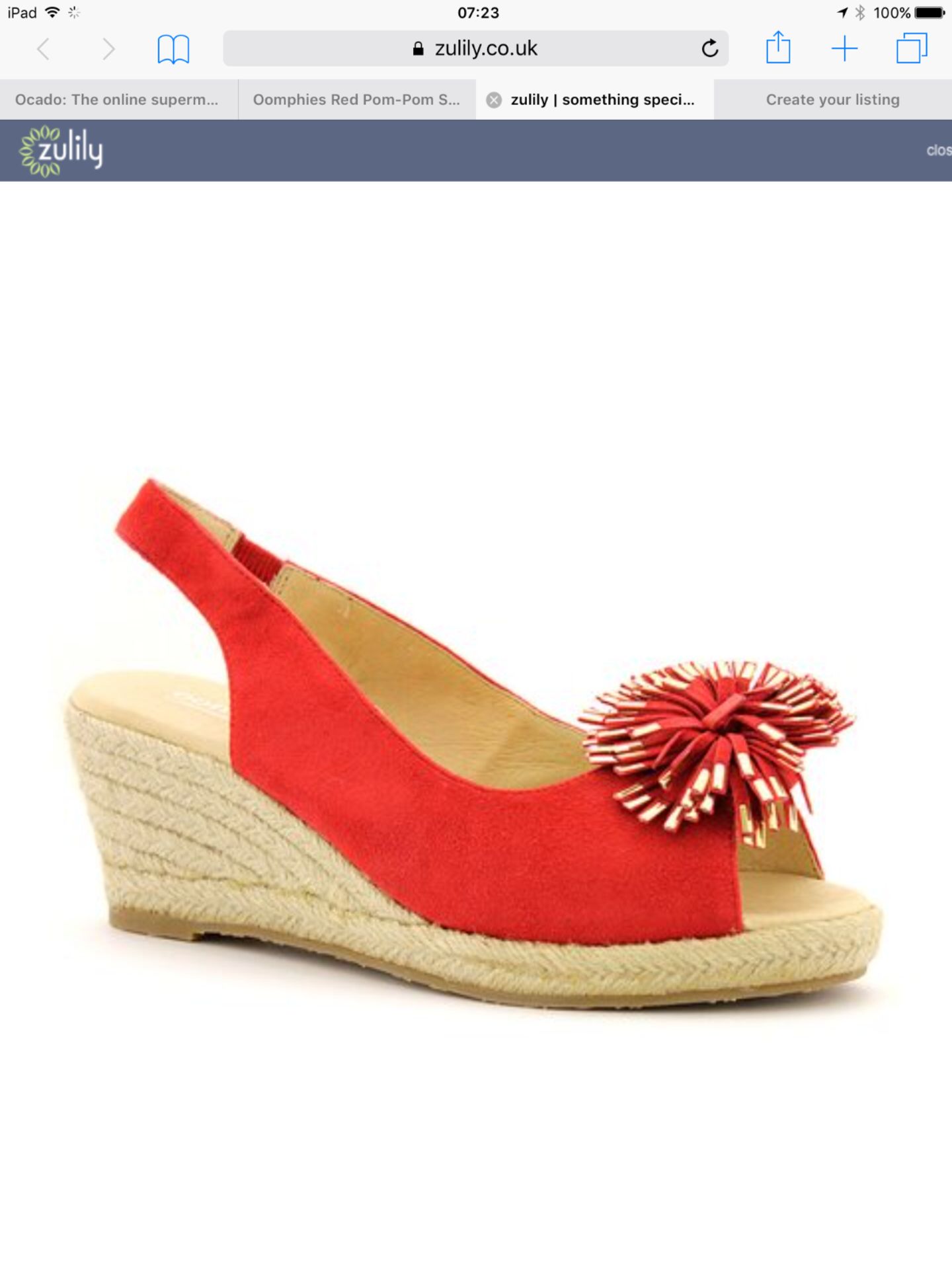 Oomphies Red Pom-Pom Suede Slingback Wedge, Size Us 7 Uk 5 Eur 38 (New With Box) [Ref: 4476286- C-