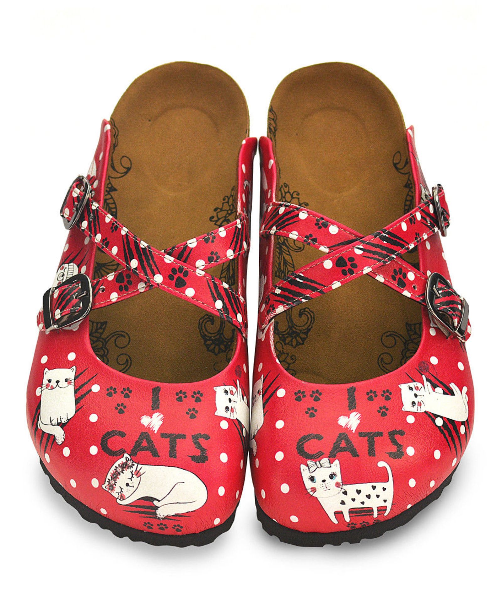 Calceo, Red & Black 'I Love Cats' Cross-Strap Mule - Women, Size Uk 6 Eur 39 (New With Box) [Ref: