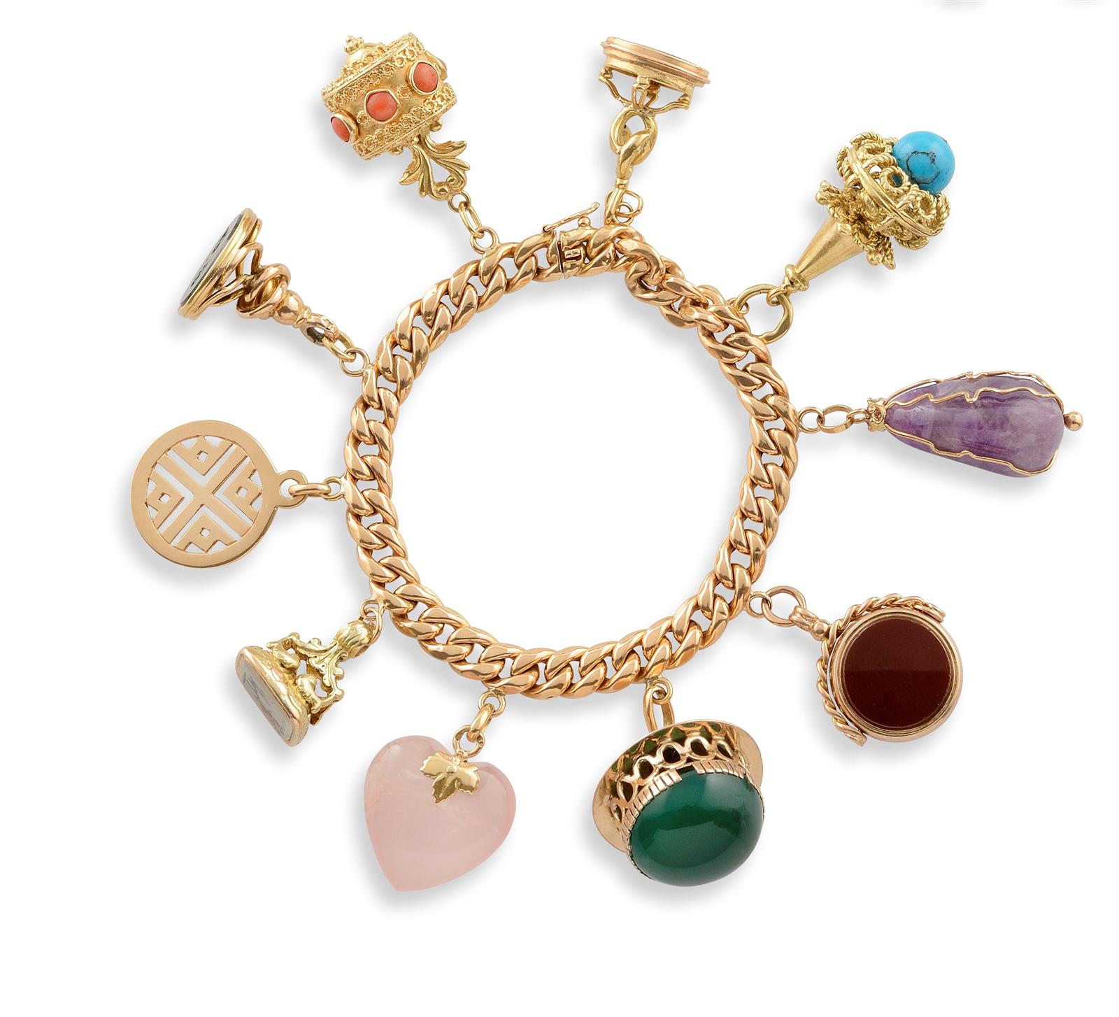 Bracelet en or jaune 18K (750°/00) retenant dix charms en quartz rose, jaspe [...]