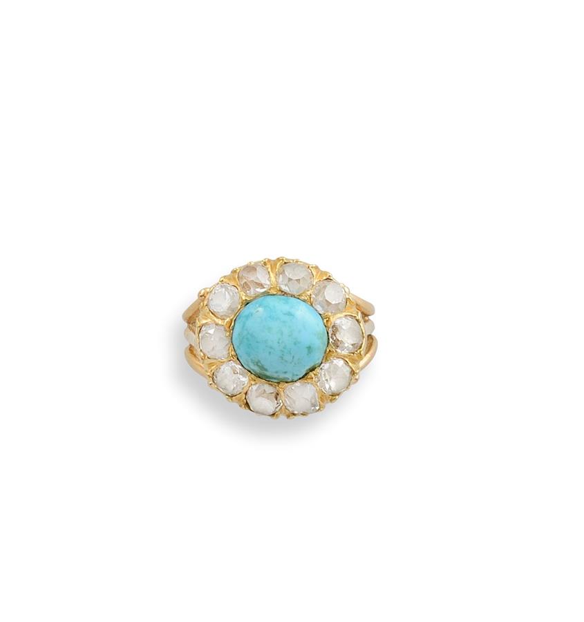 Bague fleur en or jaune 18K (750°/00) ornée d'un cabochon de turquoise entouré de [...]