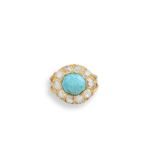 Bague fleur en or jaune 18K (750°/00) ornée d'un cabochon de turquoise entouré de [...]