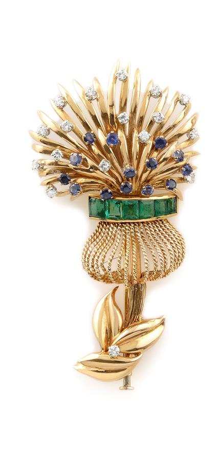 Broche bouquet de chardons en or jaune 18K (750°/00) et platine (950°/00) sertie de [...]