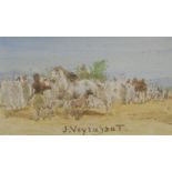 Jules Jacques VEYRASSAT (1828-1893). Marché aux chevaux dans le désert. Aquarelle [...]