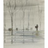 ASLUJO (XXe siècle). Promenade au bord de l'eau, 1955. Aquarelle sur papier. Signée [...]