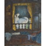 ÉCOLE MODERNE, XXe siècle. Femme et chat au lit clos Breton. Aquarelle. 25 x 20 [...]