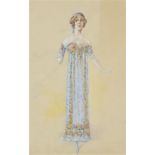 ÉCOLE FRANÇAISE vers 1920. Jeune femme en robe fleurie. Crayon, aquarelle et [...]