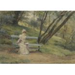 Léon GIRARDET (1857-1895). Femme lisant sur un banc dans un parc. Aquarelle. Signée [...]