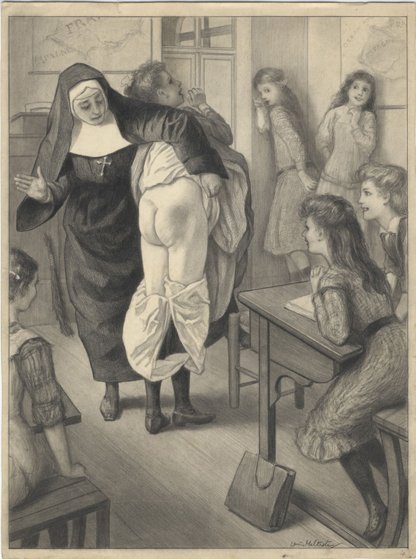 Les Orties blanches, scènes de fessées et flagellation, vers 1920-1930. 3 dessins [...]